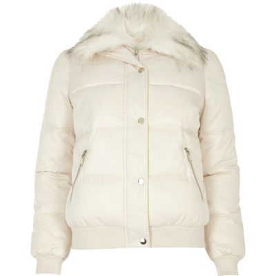 Cream faux fur trim puffer jacket